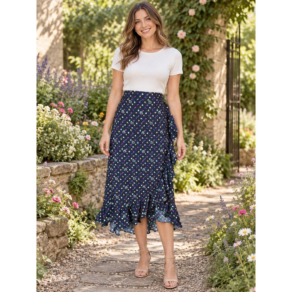 K310. 90's Style Cottagecore Women Navy Floral Ruffle Wrap Midi Skirt